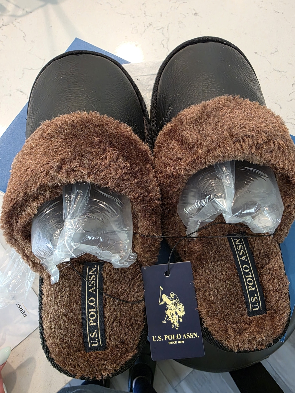 U.S. Polo Assn. Women's Black and Brown Faux Fur Slide Slippers